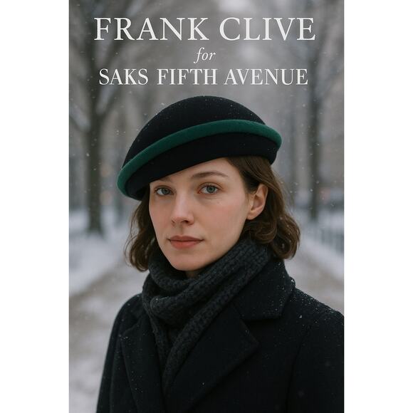 Vintage Frank Clive for Saks Fifth Avenue Black w/Green Beret Hat - Picture 1 of 8